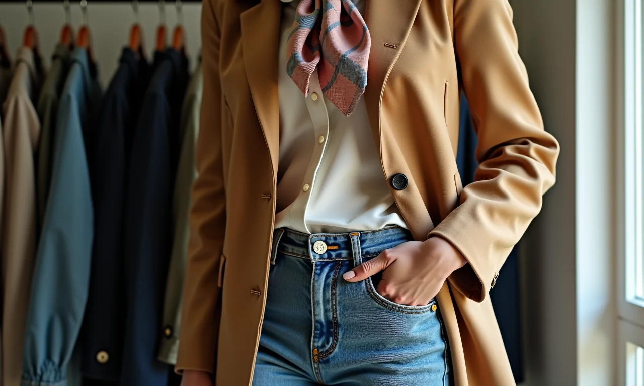 Guarda-roupa com peças-chave como blazer bem cortado, jeans clássico e lenço de seda.