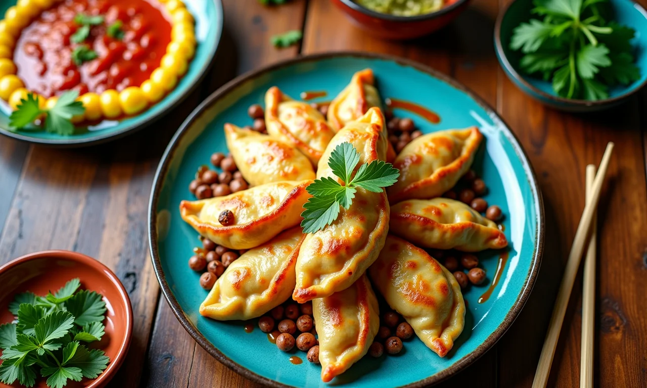 Gyoza caseiro em mesa de cozinha vibrante com decoração brasileira.