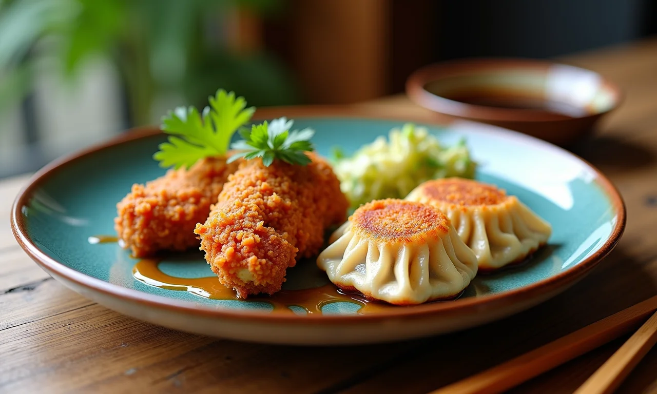 Gyoza de frango com legumes frito em frigideira, servido em prato colorido.
