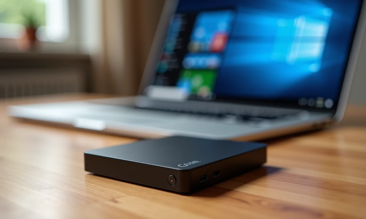 HD externo em uma mesa de madeira com laptop Windows 7 ao fundo.