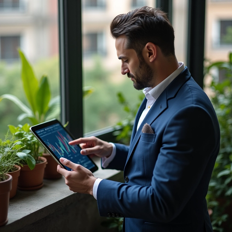 Homem analisando gráficos de investimentos em um tablet.