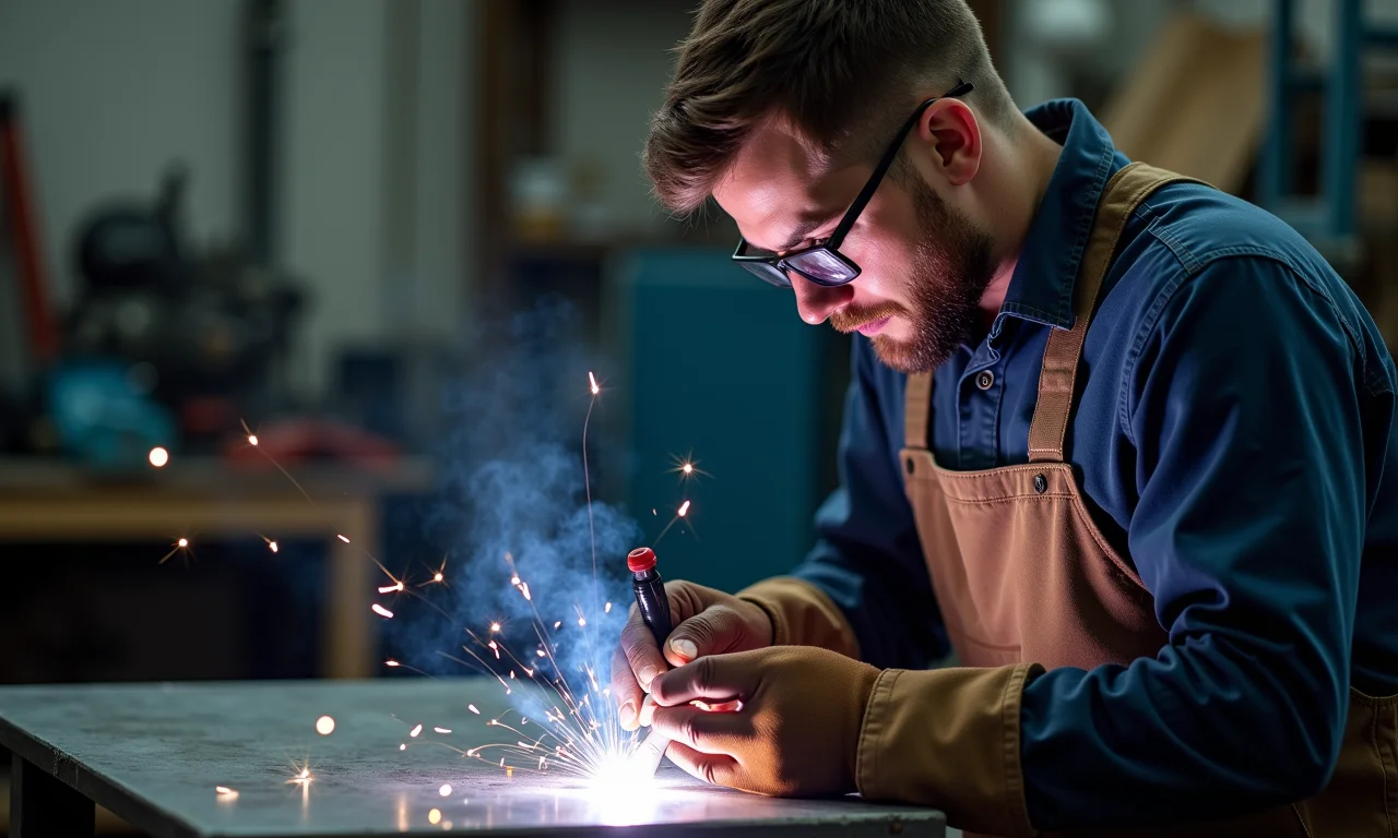 Homem aprendendo a soldar chapa galvanizada com orientação profissional.