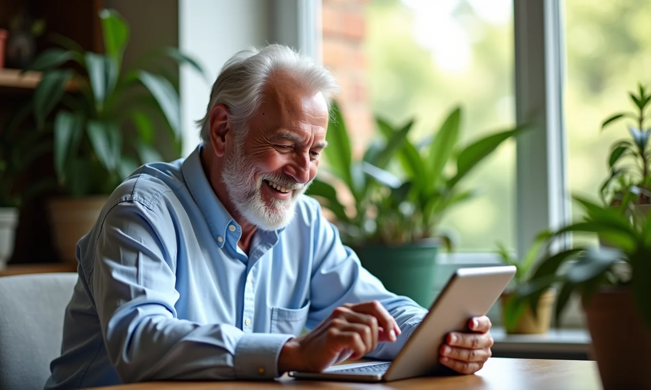 Homem calcula aposentadoria por idade em tablet.