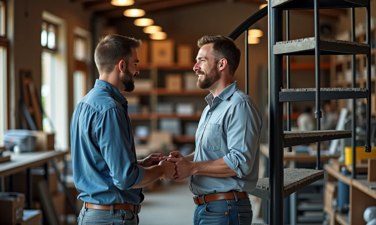 Homem comprando material para escada caracol.
