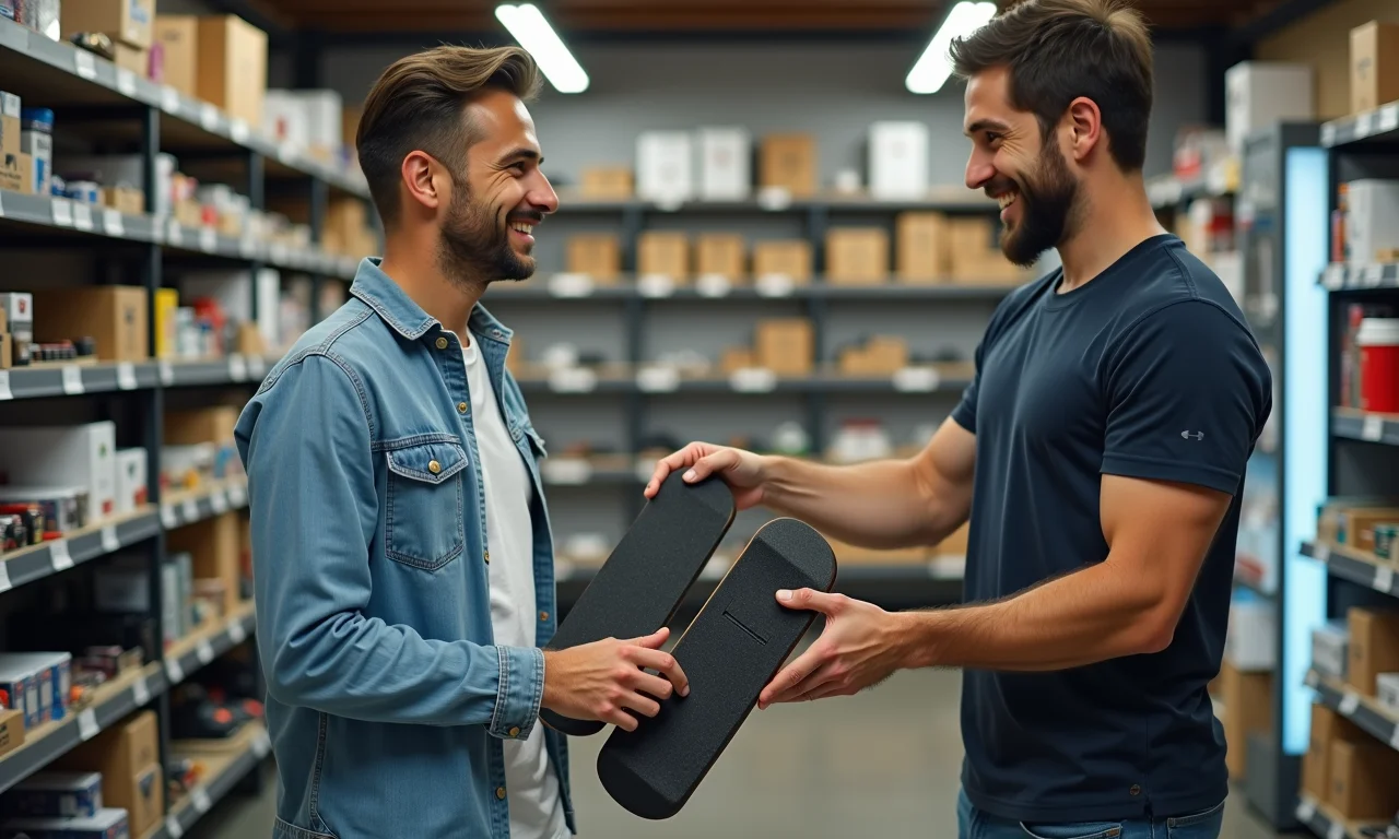 Homem comprando peças para skate elétrico em loja local.