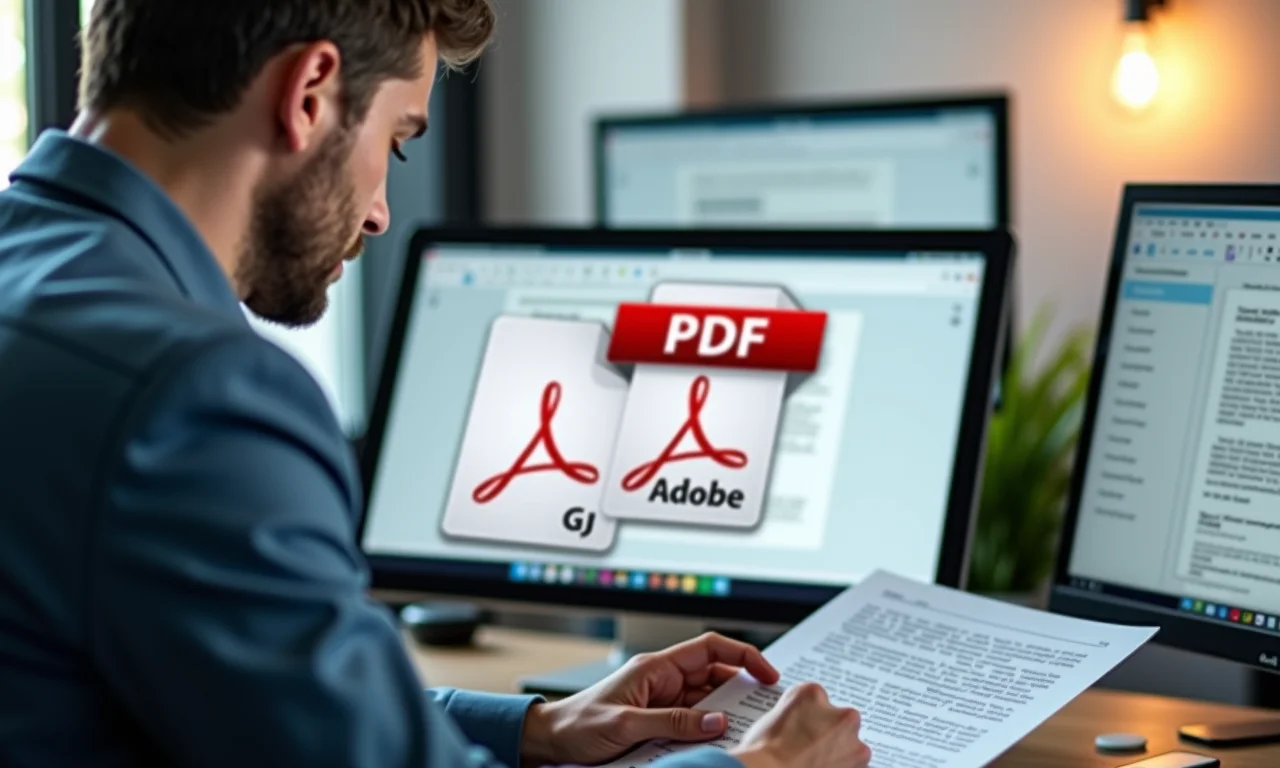 Homem convertendo documento para PDF com Adobe Acrobat.