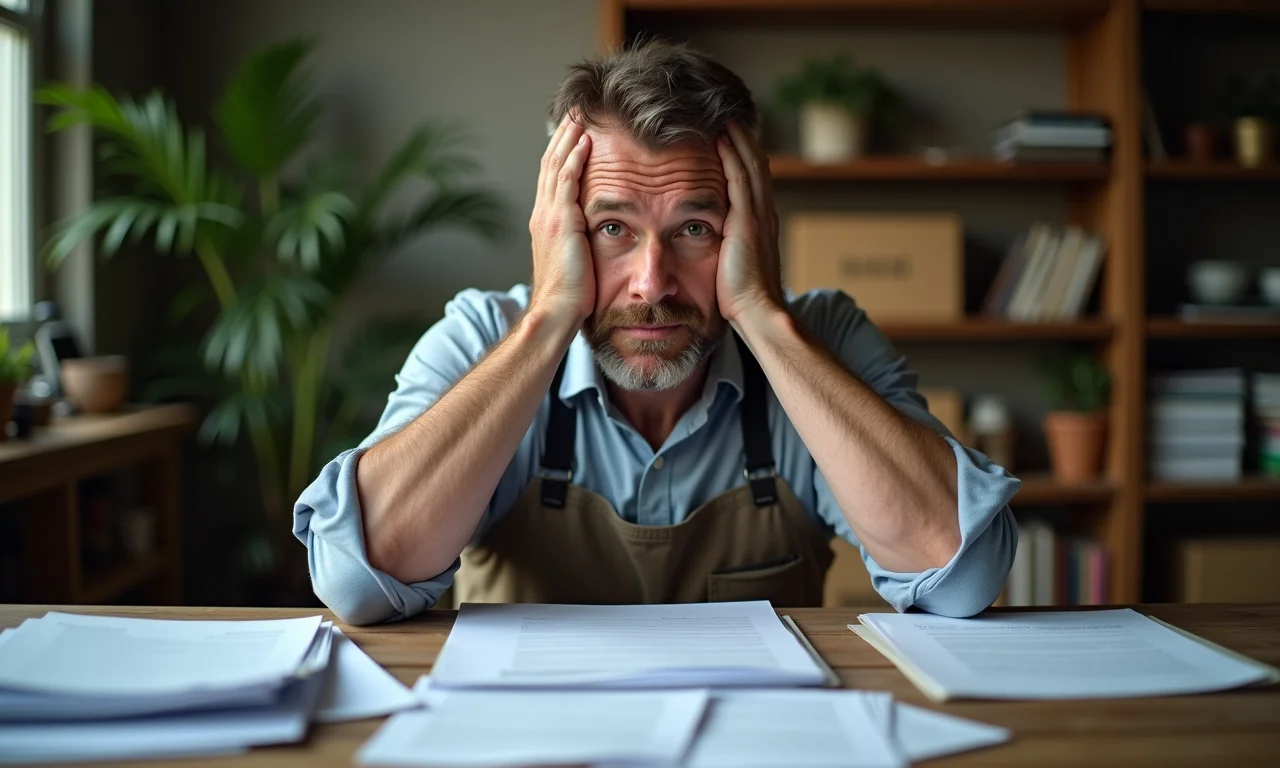 Homem de meia-idade estressado com documentos, representando uma demissão sem justa causa.