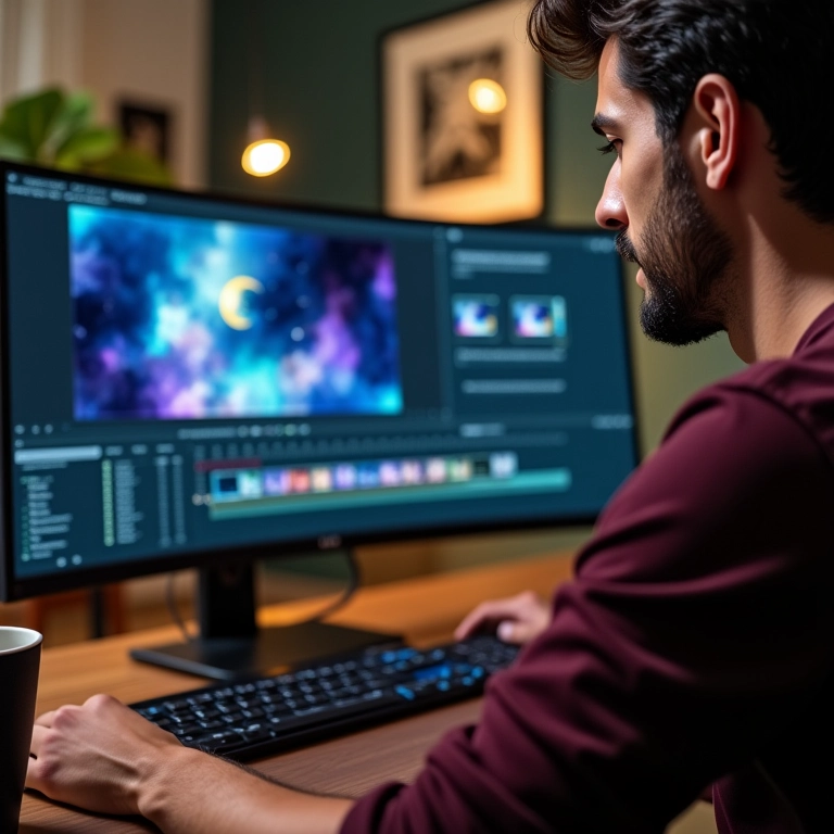 Homem editando vídeo no Filmora.