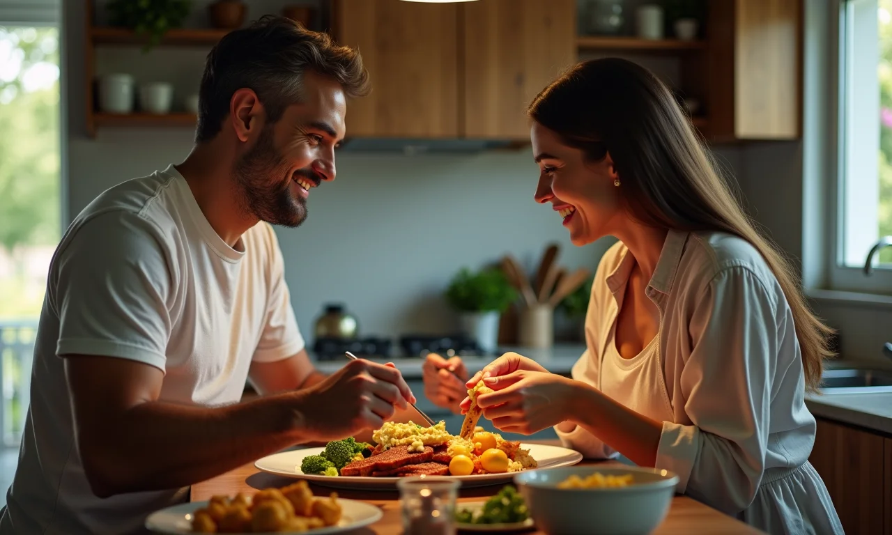 Homem elogiando sinceramente a comida de uma mulher em uma cozinha brasileira.
