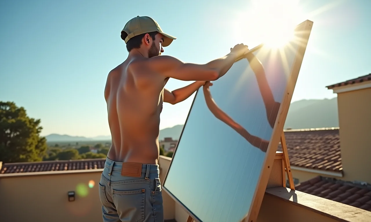 Homem montando um aquecedor solar caseiro no telhado.