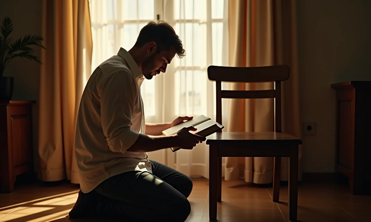 Homem orando e estudando a Bíblia com fervor.