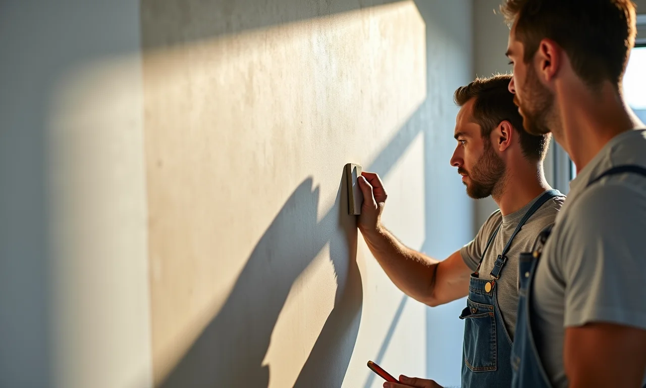 Homem preparando a superfície da parede para aplicação de grafiato: lixando e limpando.