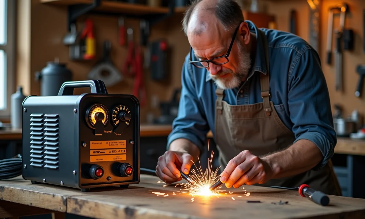 Homem reunindo materiais para construir mini máquina de solda.
