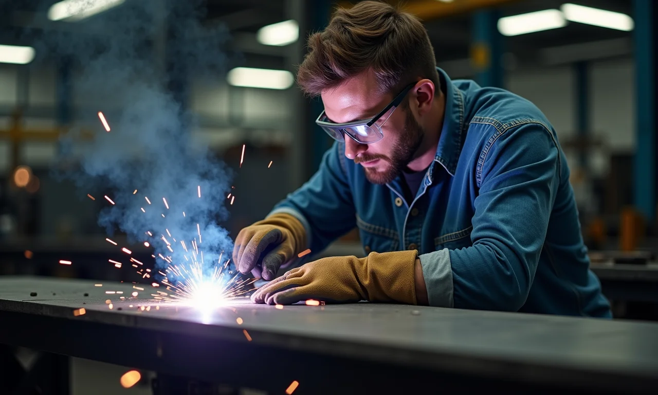 Homem soldando chapa galvanizada com óculos e luvas de proteção.
