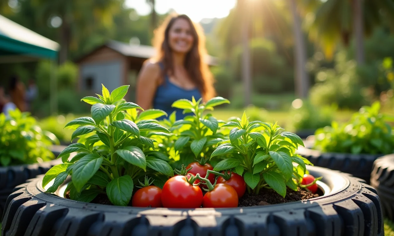 Horta em pneus com variedade de plantas comestíveis.