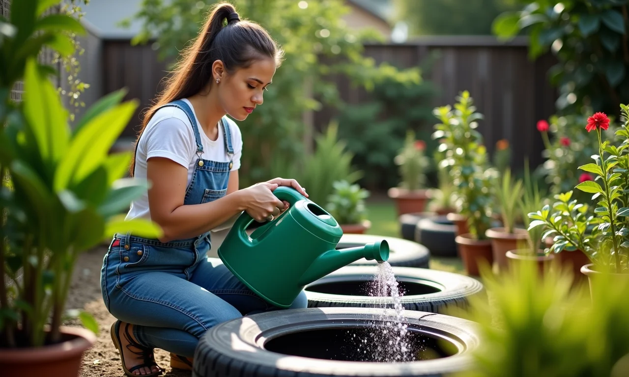 Horta em pneus sendo regada com carinho.