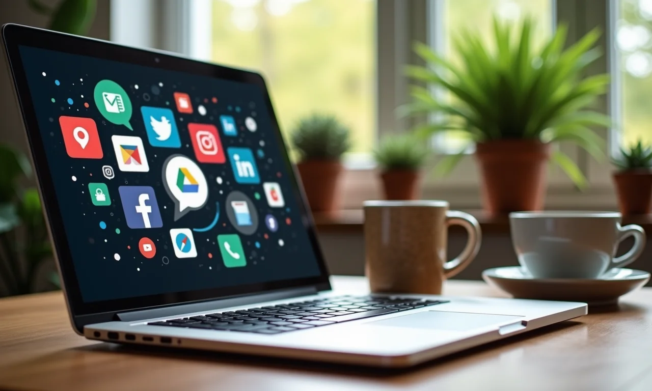 Ícones de redes sociais e laptop exibindo vídeo para divulgação.