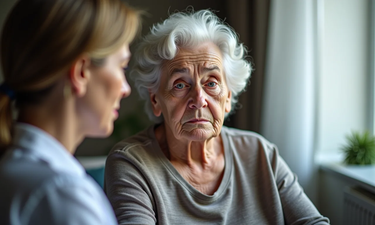 Idosa preocupada com resultados de exame de colesterol.