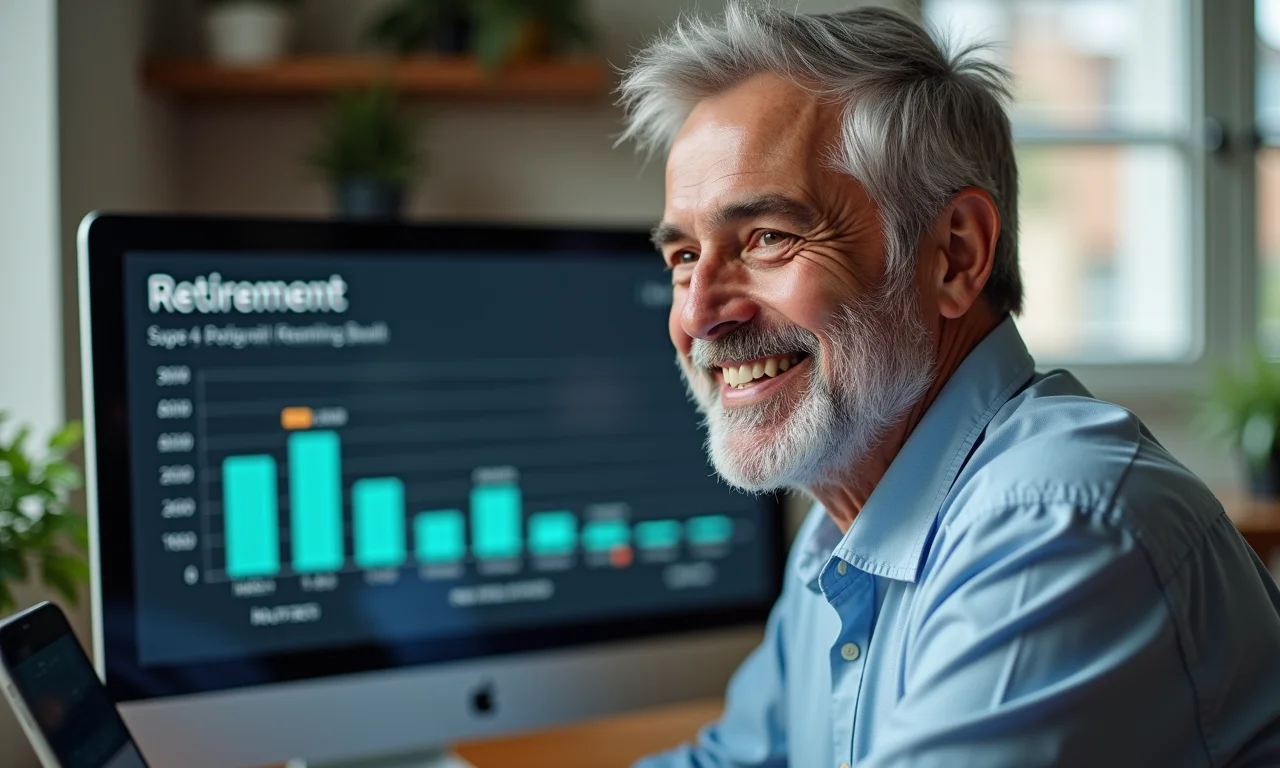 Idoso brasileiro sorrindo ao olhar para um cronograma de aposentadoria no computador.