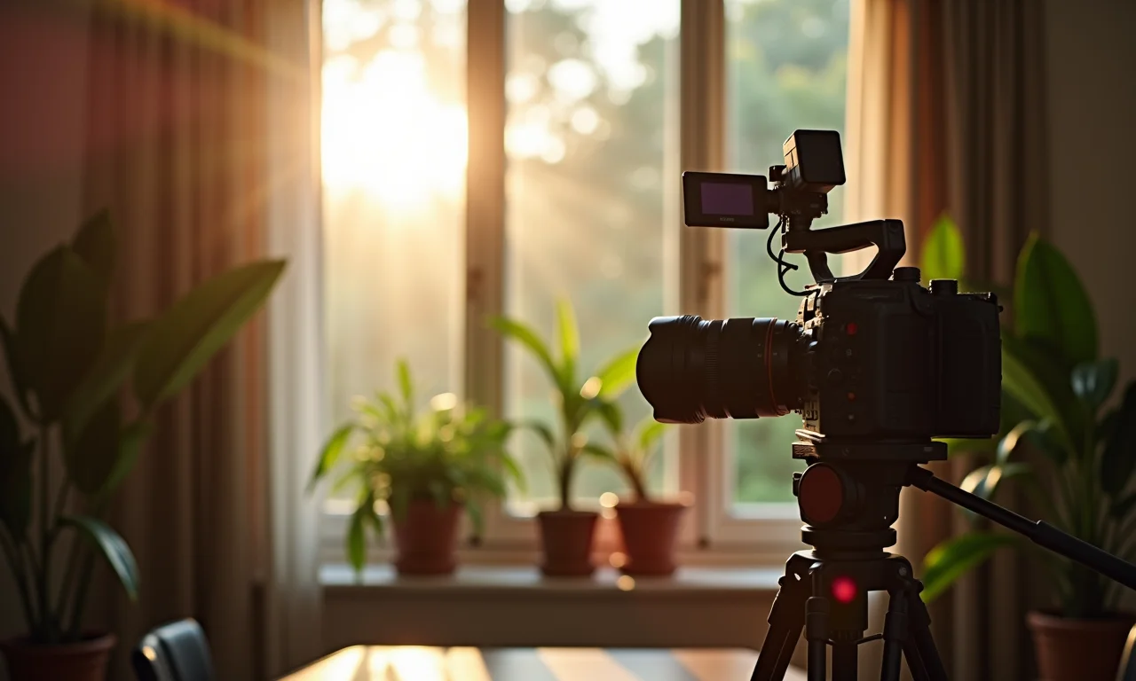 Iluminação natural suave em estúdio de vídeo com plantas.
