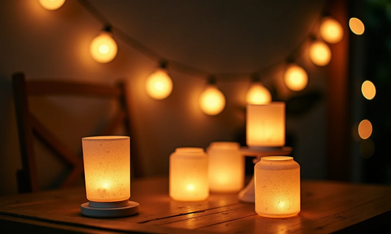 Iluminação suave com luzes e lanternas para chá de bebê.