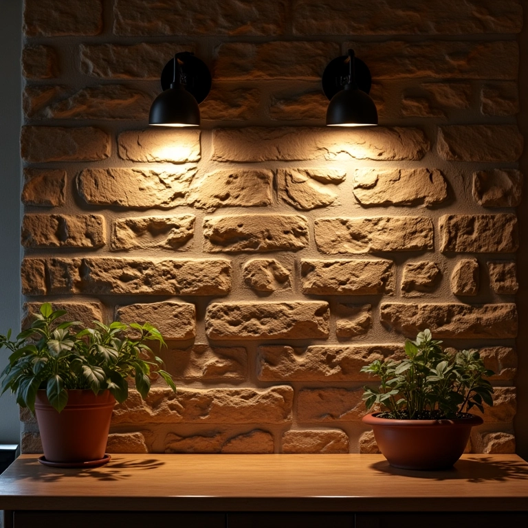 Iluminação valorizando parede de pedra, com luzes indiretas e tons quentes em ambiente aconchegante.