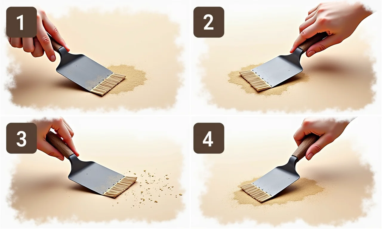 Ilustração passo a passo de como aplicar grafiato com desempenadeira, criando textura.