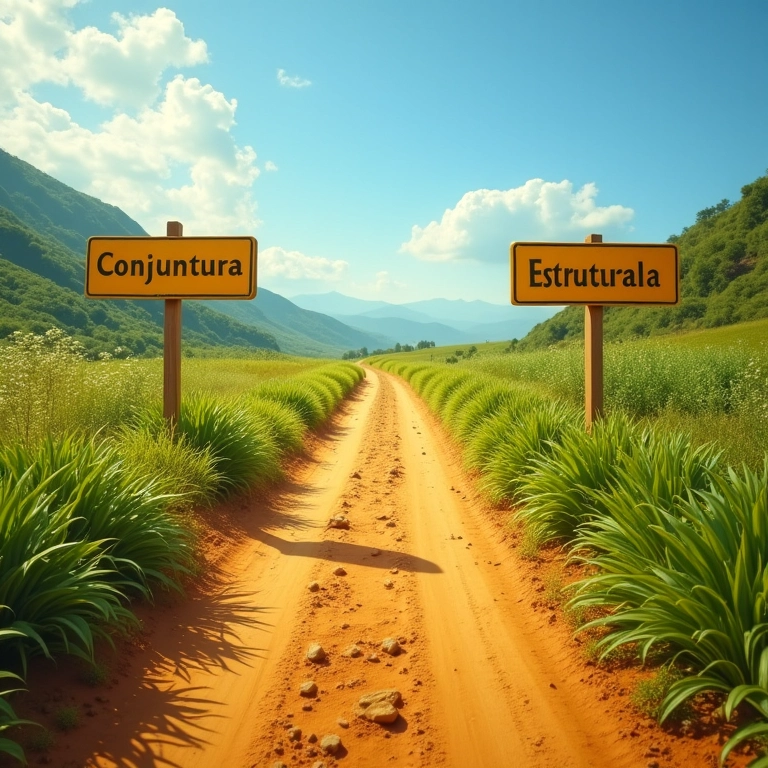 Imagem conceitual mostrando dois caminhos divergentes: 'Conjuntura' e 'Estrutural'.