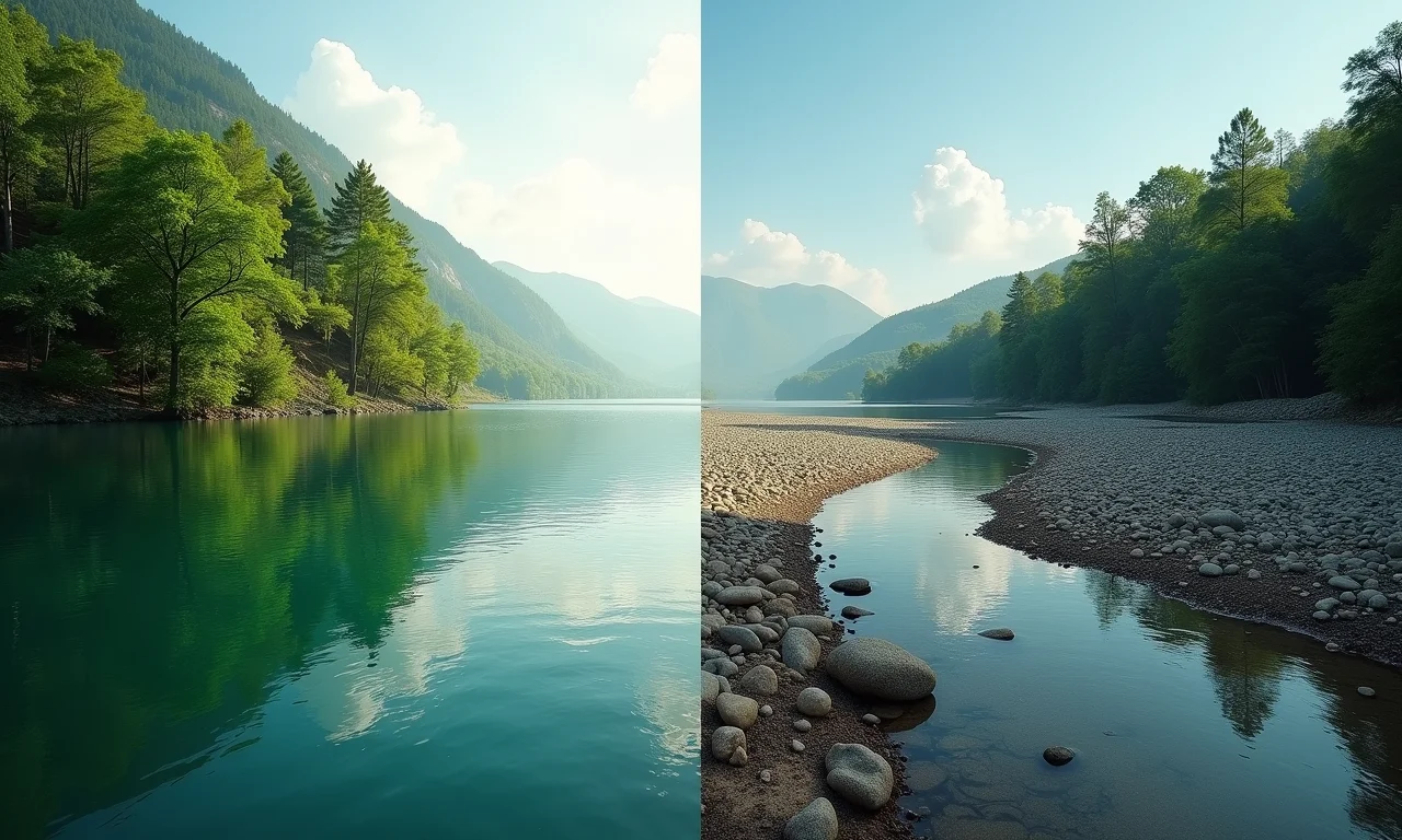 Imagem dividida mostrando um rio limpo e um rio poluído.