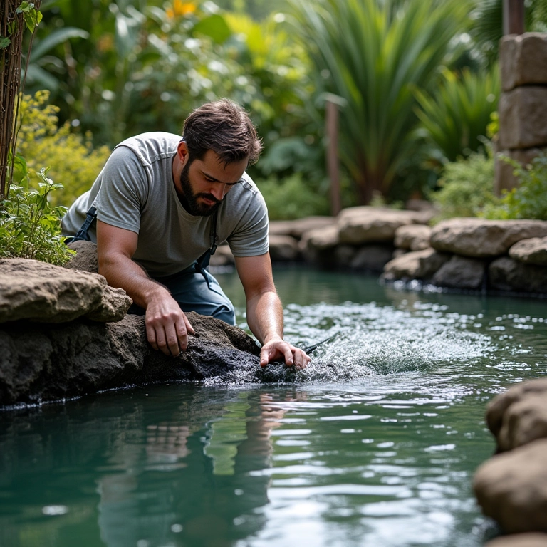 Impermeabilização de um lago de carpas com lona.