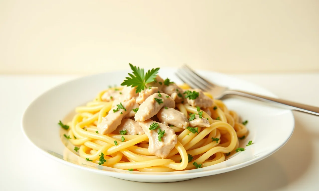 Informações nutricionais sobre macarrão com frango e creme de leite.