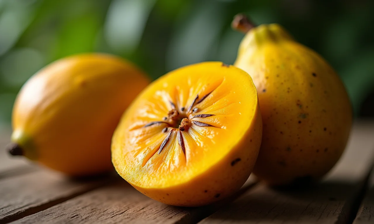 Ingá fresco em mesa de madeira rústica, destacando a polpa aveludada.