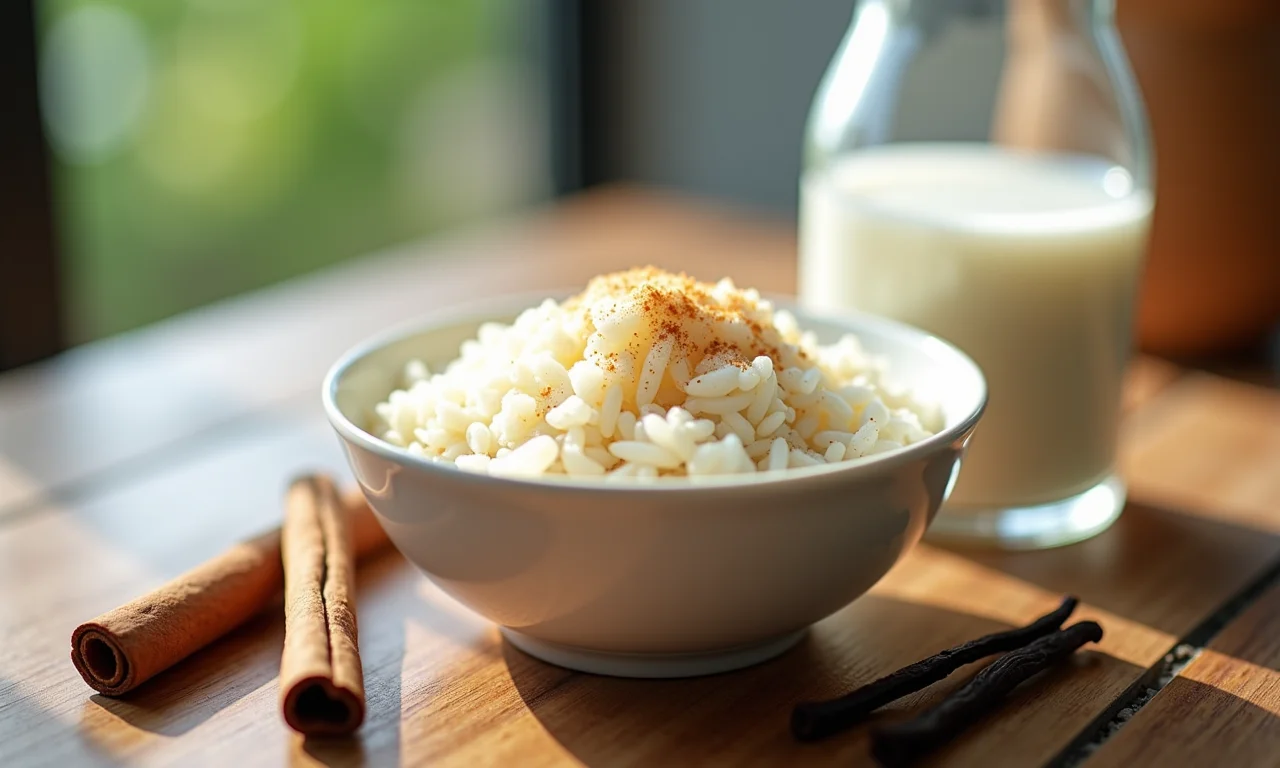 Ingredientes básicos para arroz doce: arroz, leite, açúcar, canela.