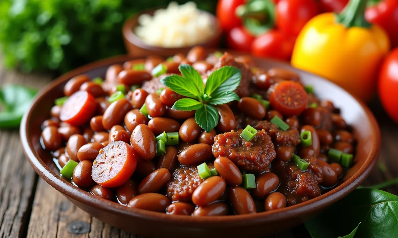 Ingredientes da feijoada com informações nutricionais destacadas.