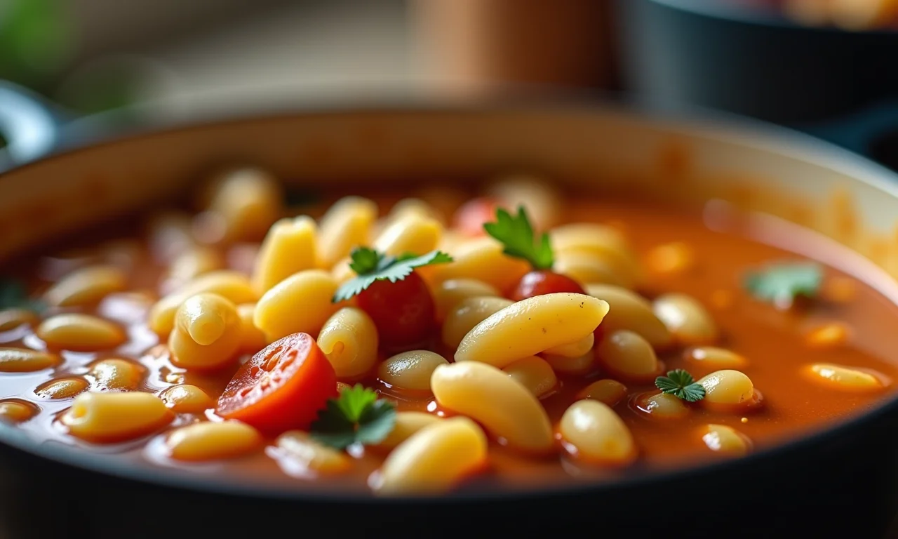 Ingredientes da sopa de macarrão com feijão cozinhando.