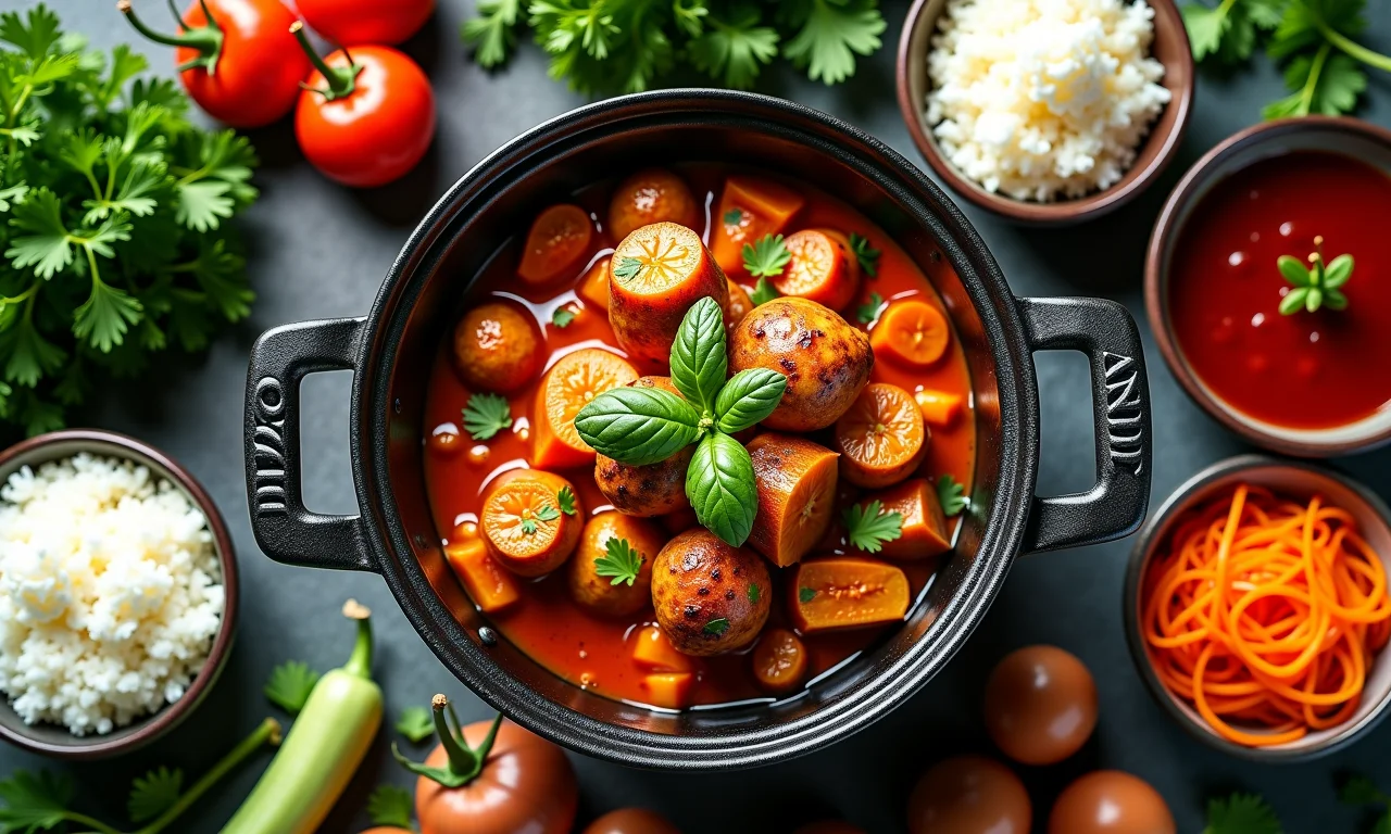 Ingredientes diversos ao redor de refeição pronta em panela.