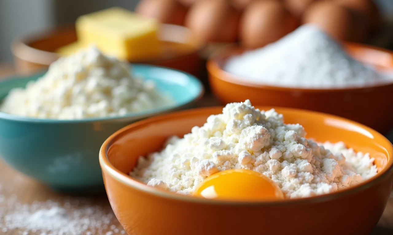 Ingredientes essenciais para pão de doce em tigelas coloridas.