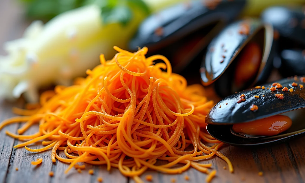 Ingredientes frescos da bouillabaisse: açafrão, salmonete, mexilhões e erva-doce.