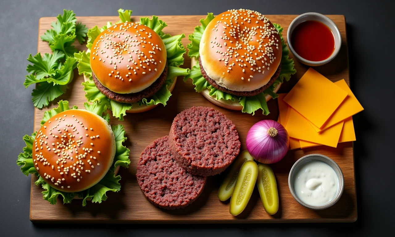 Ingredientes frescos do Big Mac dispostos em uma tábua de madeira.