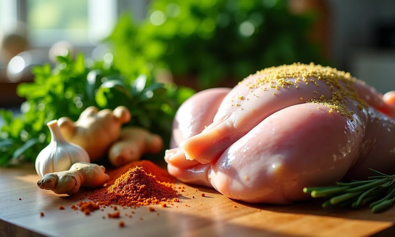 Ingredientes frescos e selecionados para preparar marinadas caseiras para frango.