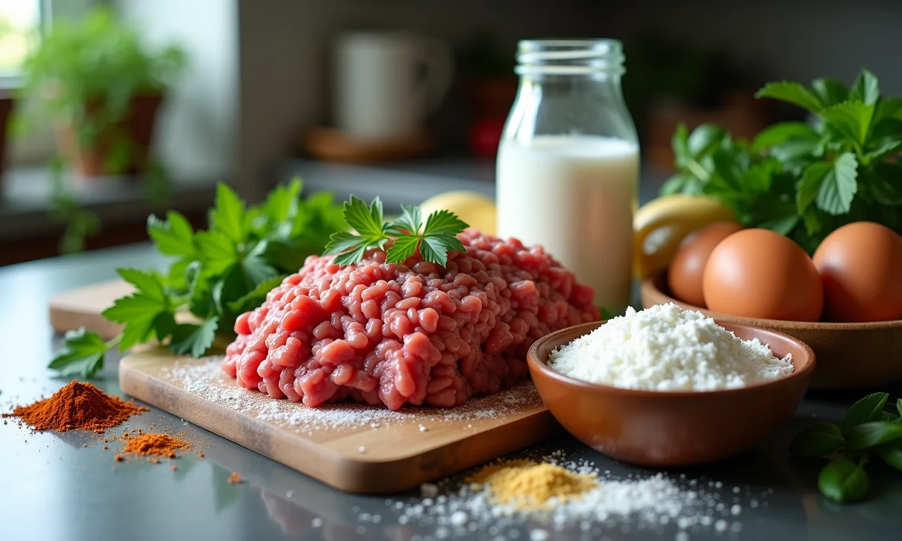 Ingredientes frescos e vibrantes para panquecas de carne moída.