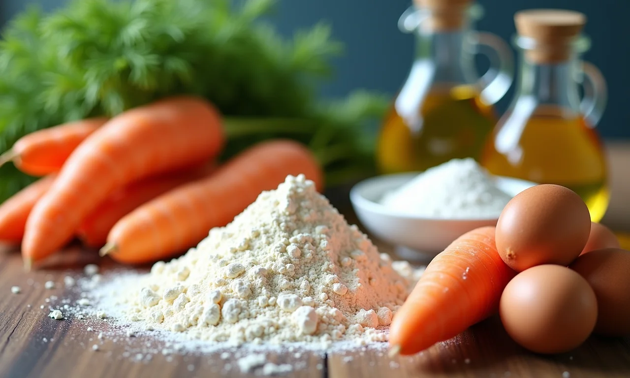 Ingredientes frescos para fazer bolo de cenoura: cenoura, ovos, farinha e óleo.