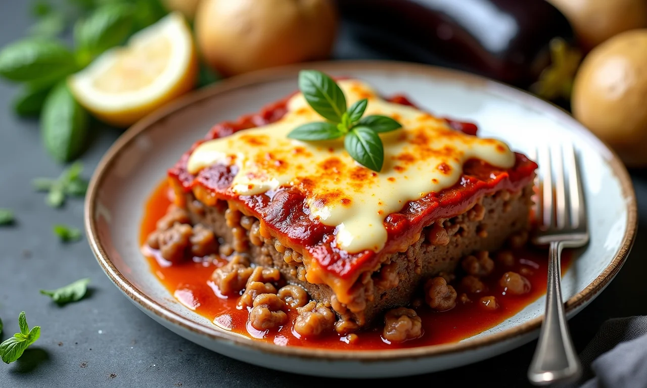 Ingredientes frescos para moussaka clássica: carne moída, berinjela, batatas e molho bechamel.