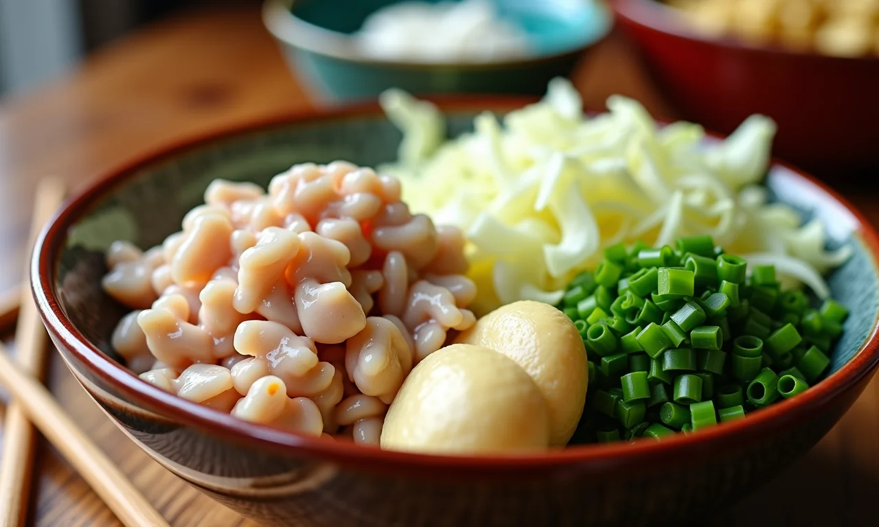 Ingredientes frescos para o recheio do gyoza: frango, repolho, gengibre.