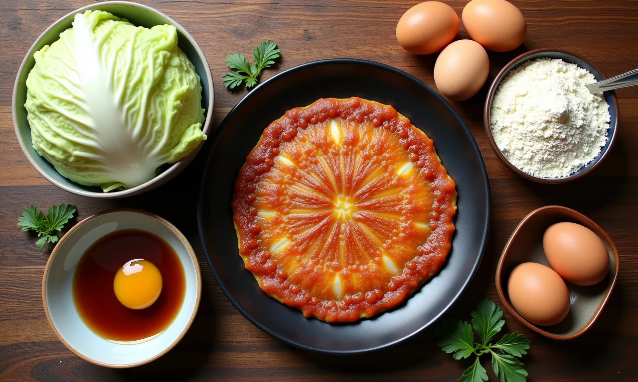 Ingredientes frescos para okonomiyaki dispostos em bancada de madeira.