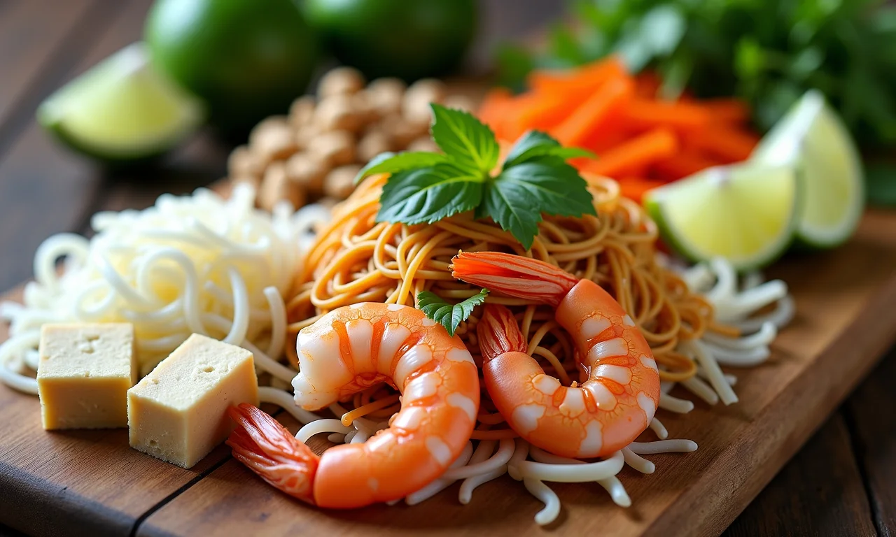 Ingredientes frescos para Pad Thai dispostos artisticamente em uma tábua de madeira.