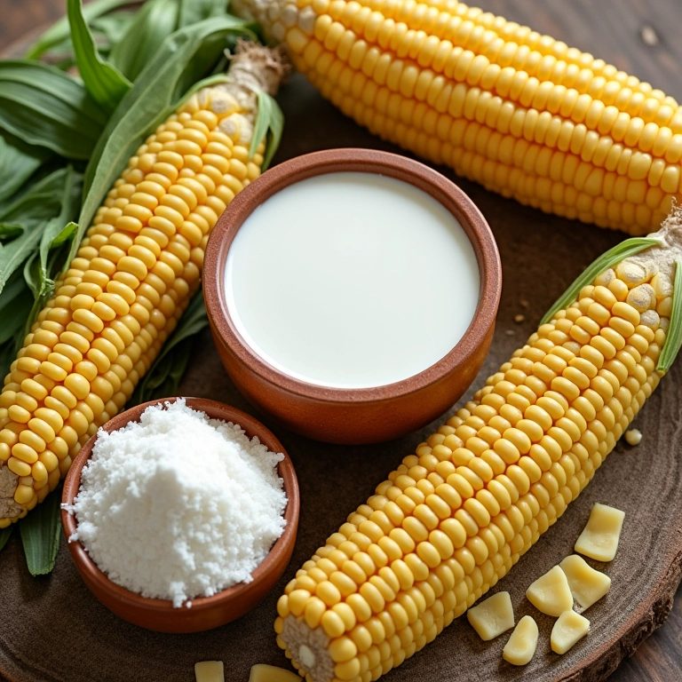 Ingredientes frescos para pamonha: milho, leite, queijo, açúcar.