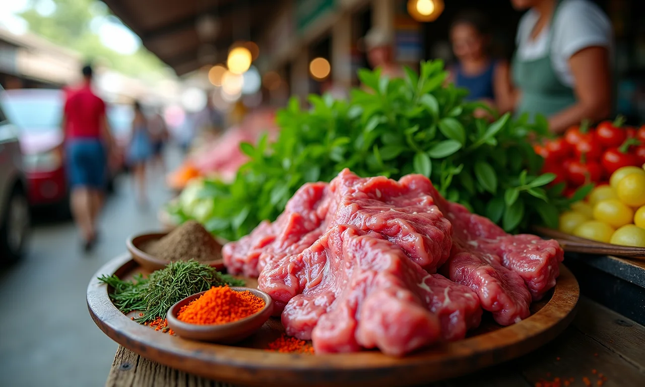 Ingredientes frescos para pho bo em um mercado brasileiro vibrante.