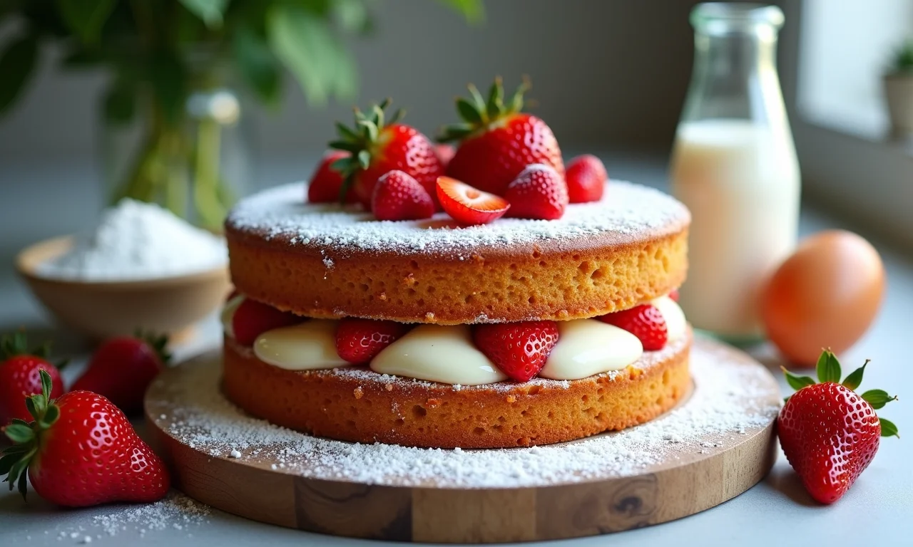 Ingredientes frescos para preparar a torta Fraisier: morangos, ovos, farinha, açúcar e baunilha.