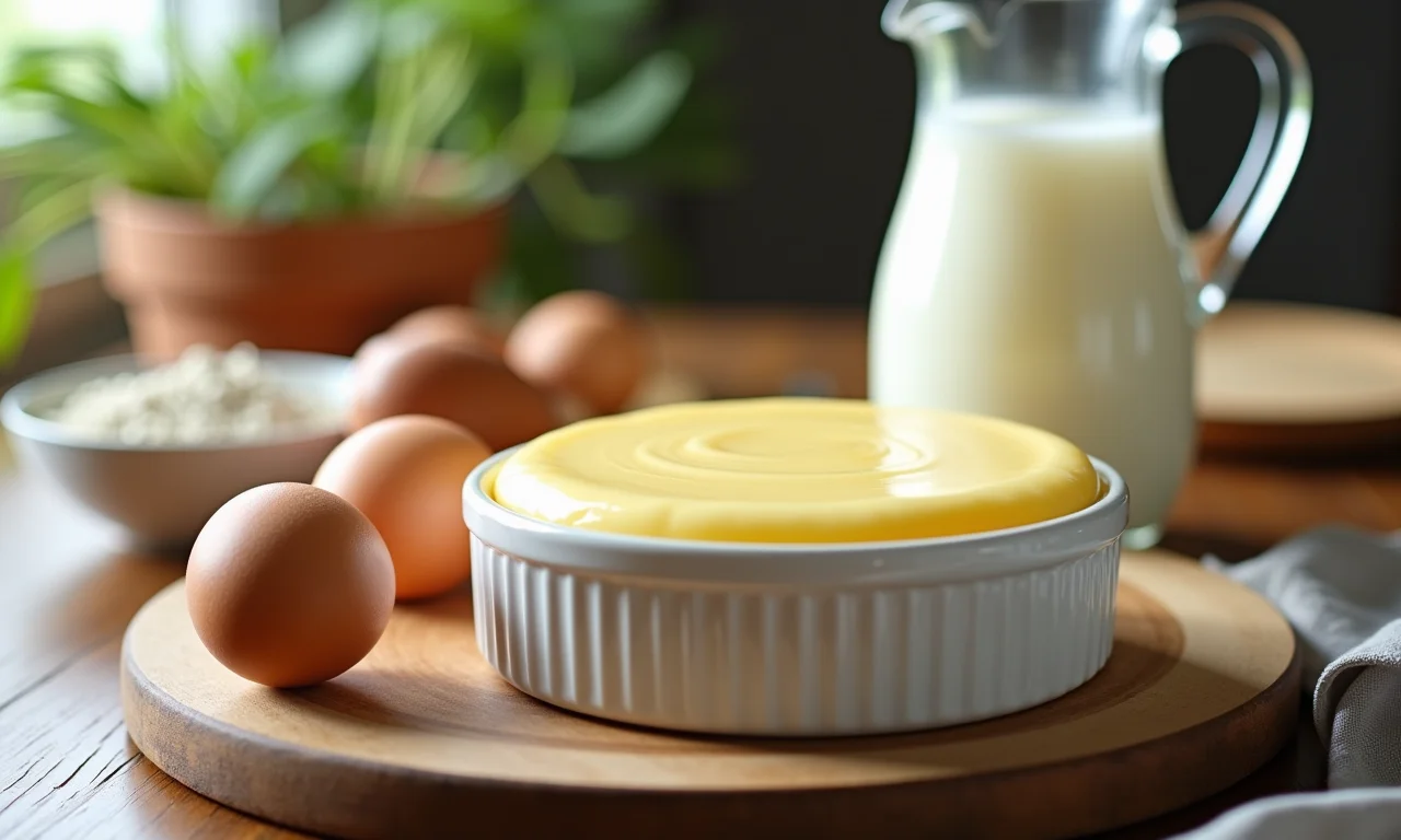 Ingredientes frescos para preparar um pudim de leite condensado caseiro.